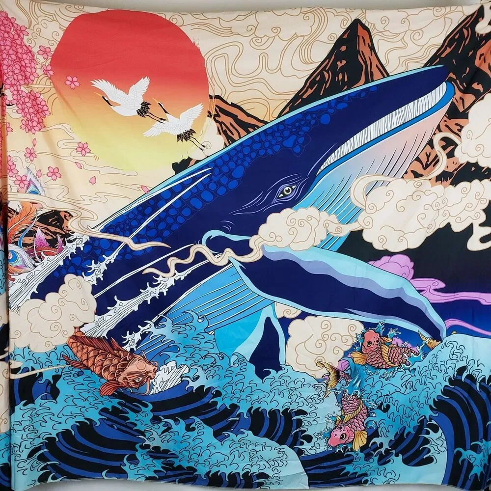 Japanese Ukiyo-e Whale Wall Tapestry 60